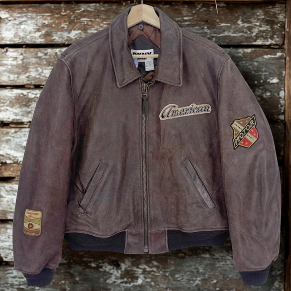 DKNY Leather Bomber Jacket Zipper Patches Logo American Motor S Vintage - Picture 1 of 11